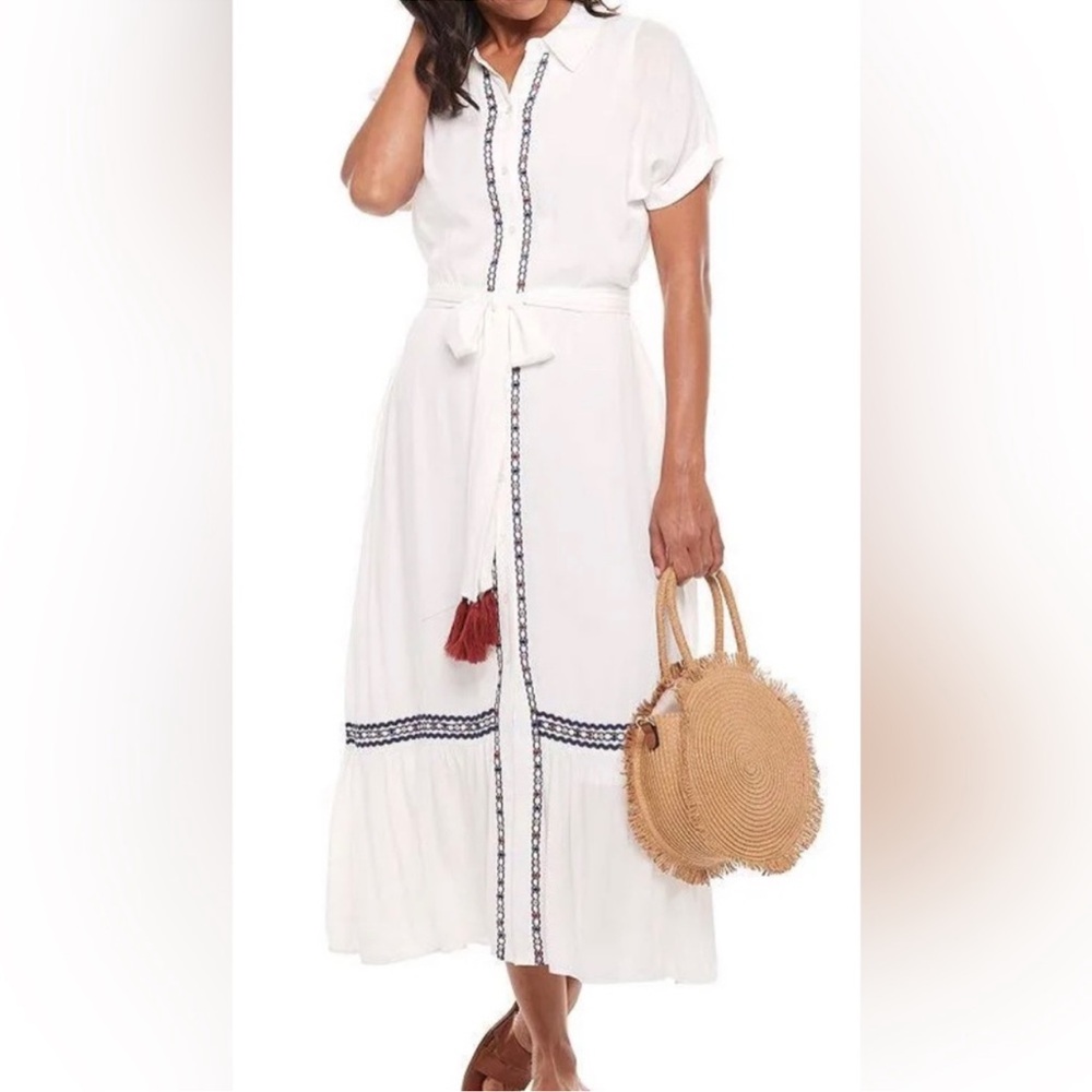 Now + Gen Sonoma embroidered midi shirt dress white tie belt